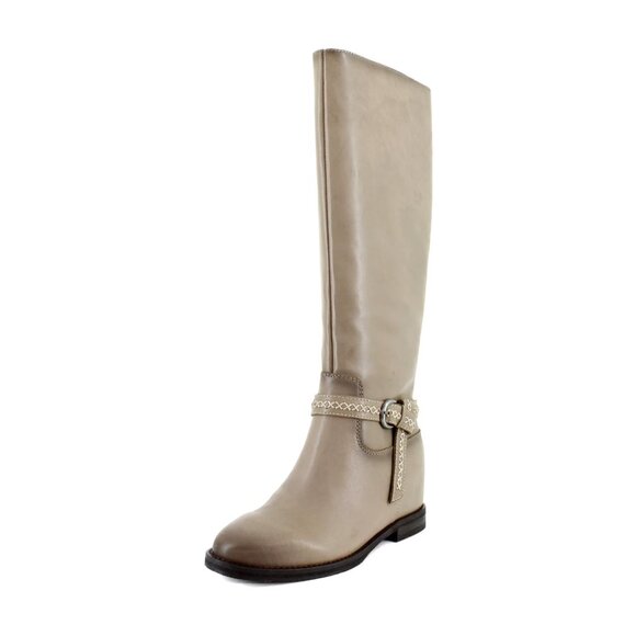Lucky Brand Maltet Tall Buckle Riding Boots Silver Cloud Leather 5M Stacked Heel - Picture 1 of 9